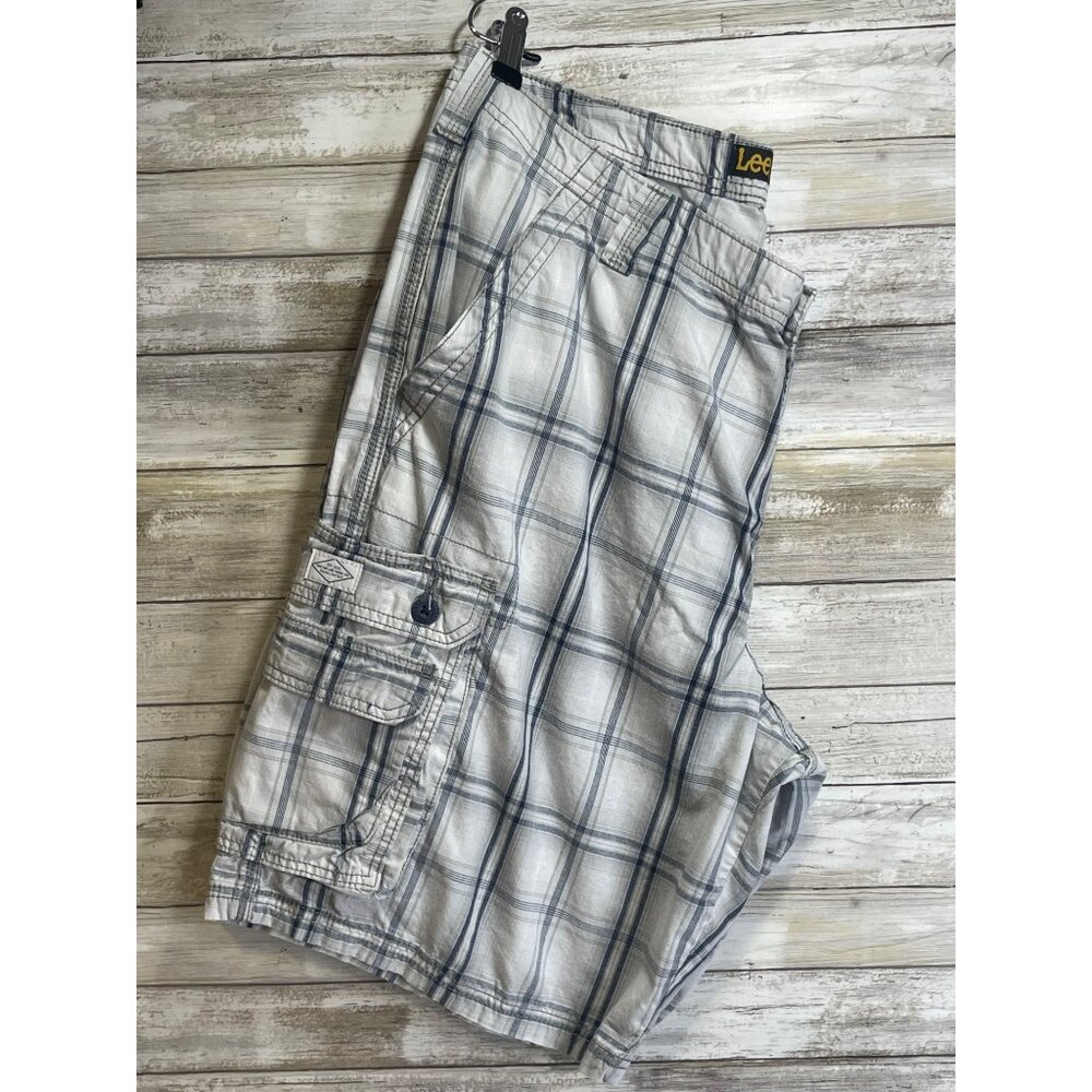 Lee Mens Cargo Shorts Size 38 Gray‎ & White Plaid Cotton Casual Summer Wear